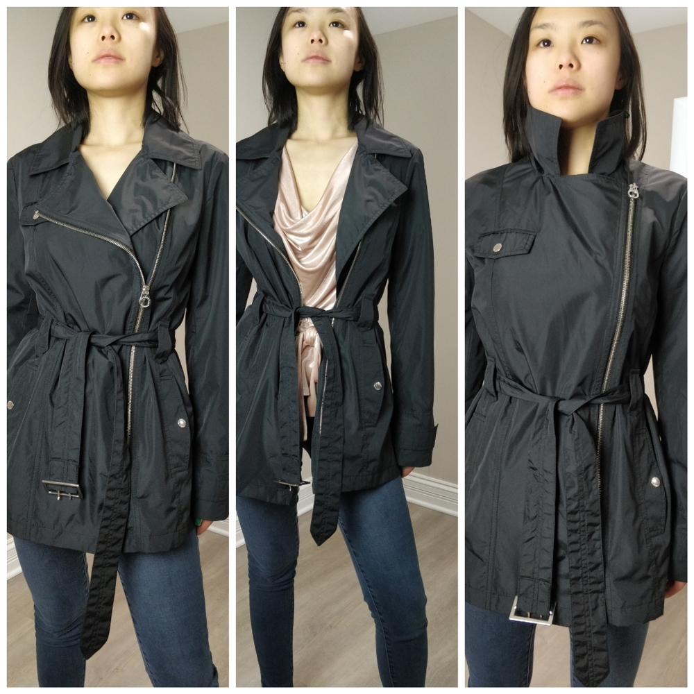 NWOT Chic diagonal zipper tie waist black jacket - Picture 1 of 16
